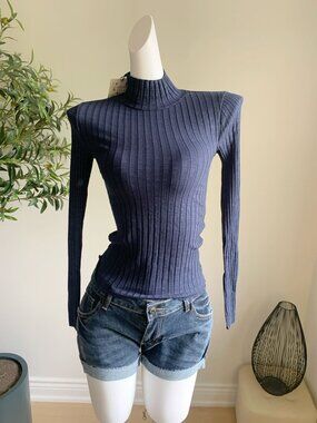 ZARA Navy Ribbed Turtleneck Sheer Mesh Back Top S